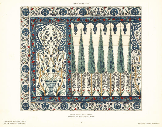 Panel of ceramic wall tiles depicting a garden with tulips, trees, flowers and foliage from Topkapi Palace. Lithograph from Alexandre Raymond’s 'Faience Decorative de la Vieille Turquie', 1927.
