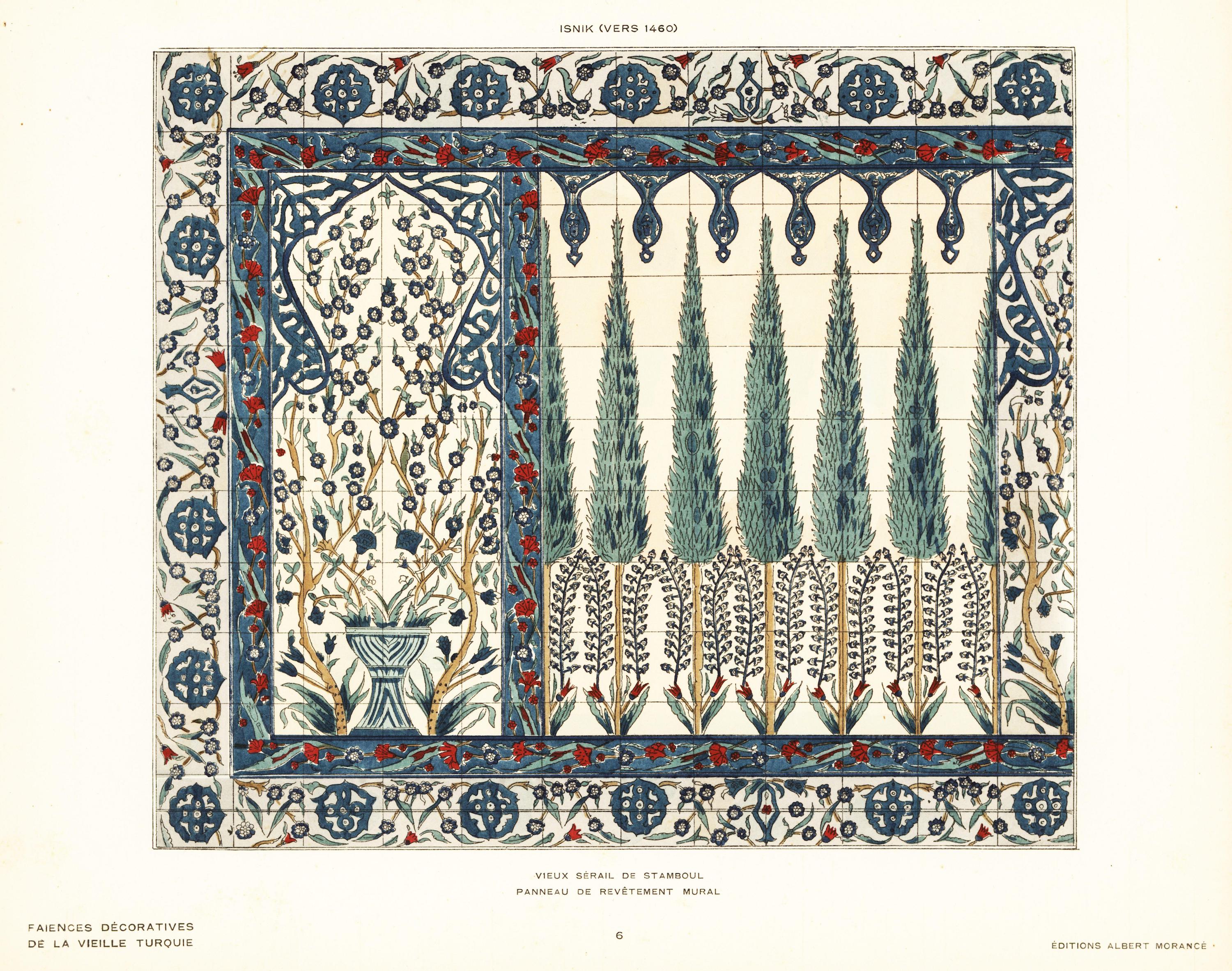 Panel of ceramic wall tiles depicting a garden with tulips, trees, flowers and foliage from Topkapi Palace. Lithograph from Alexandre Raymond’s 'Faience Decorative de la Vieille Turquie', 1927. 