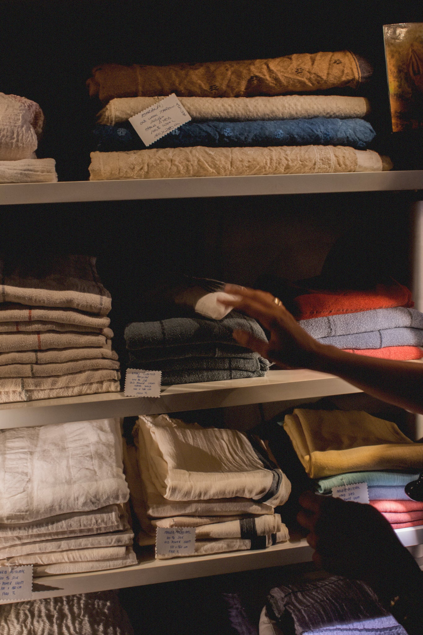 Hand-dyed textiles and peshtemals in Metin's shop.