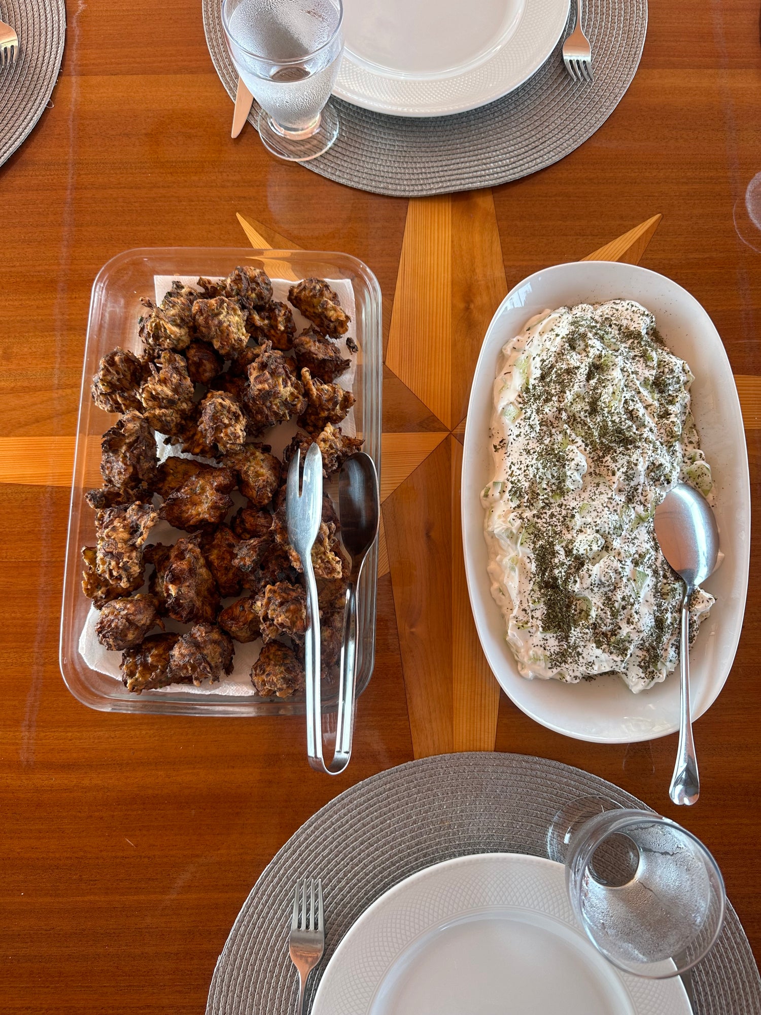 Mücver and cacik (Turkish zucchini fritters and yogurt dish), a crowd favorite.