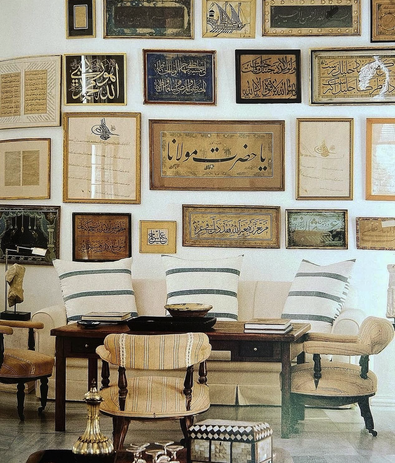 A wall of fantastic antique calligraphy in Mica's home in Bodrum, Turkey. 