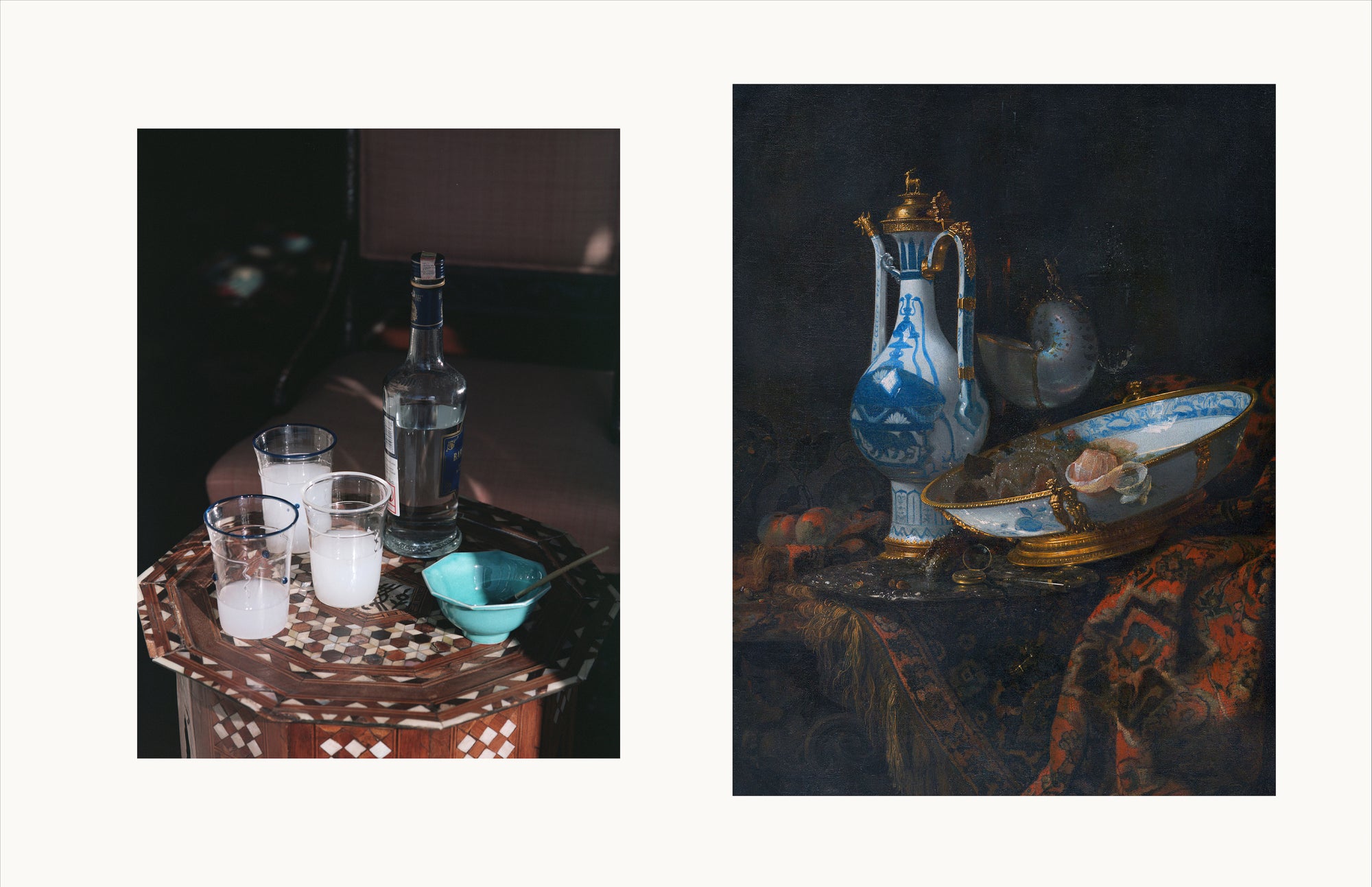 LEFT: LEVANT Vesper Glasses and Gobi Aperitivo Bowl. RIGHT: Still Life with an Aquamanile, Fruit, and Nautilus Cup, Willem Kalf, 1660