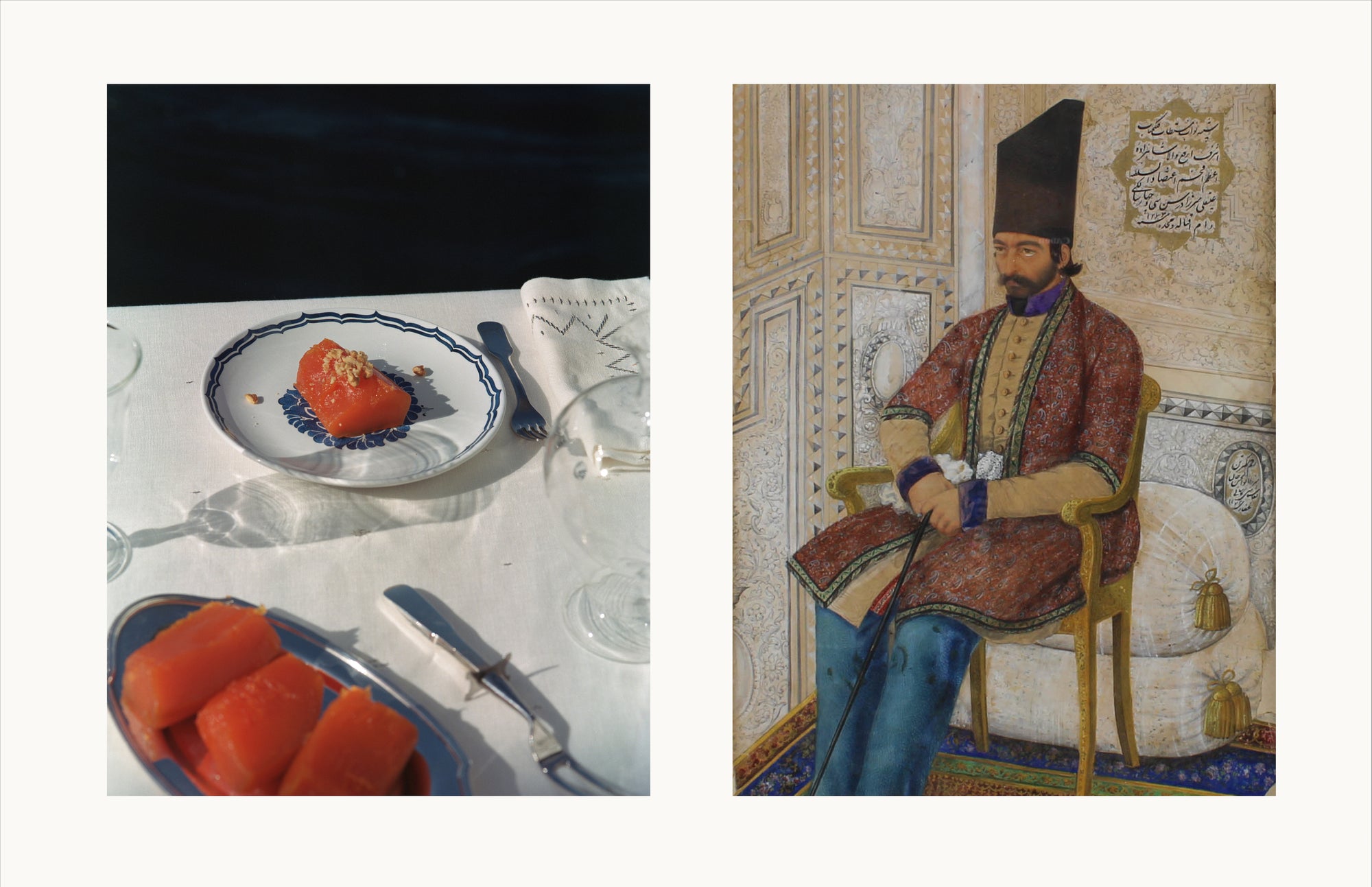 LEFT: The LEVANT Blue Lotus Dessert Plate and Palmyra Sky Napkin. RIGHT: Portrait of `Ali Quli Mirza, I`tizad al-Saltana, 1856, Iran.