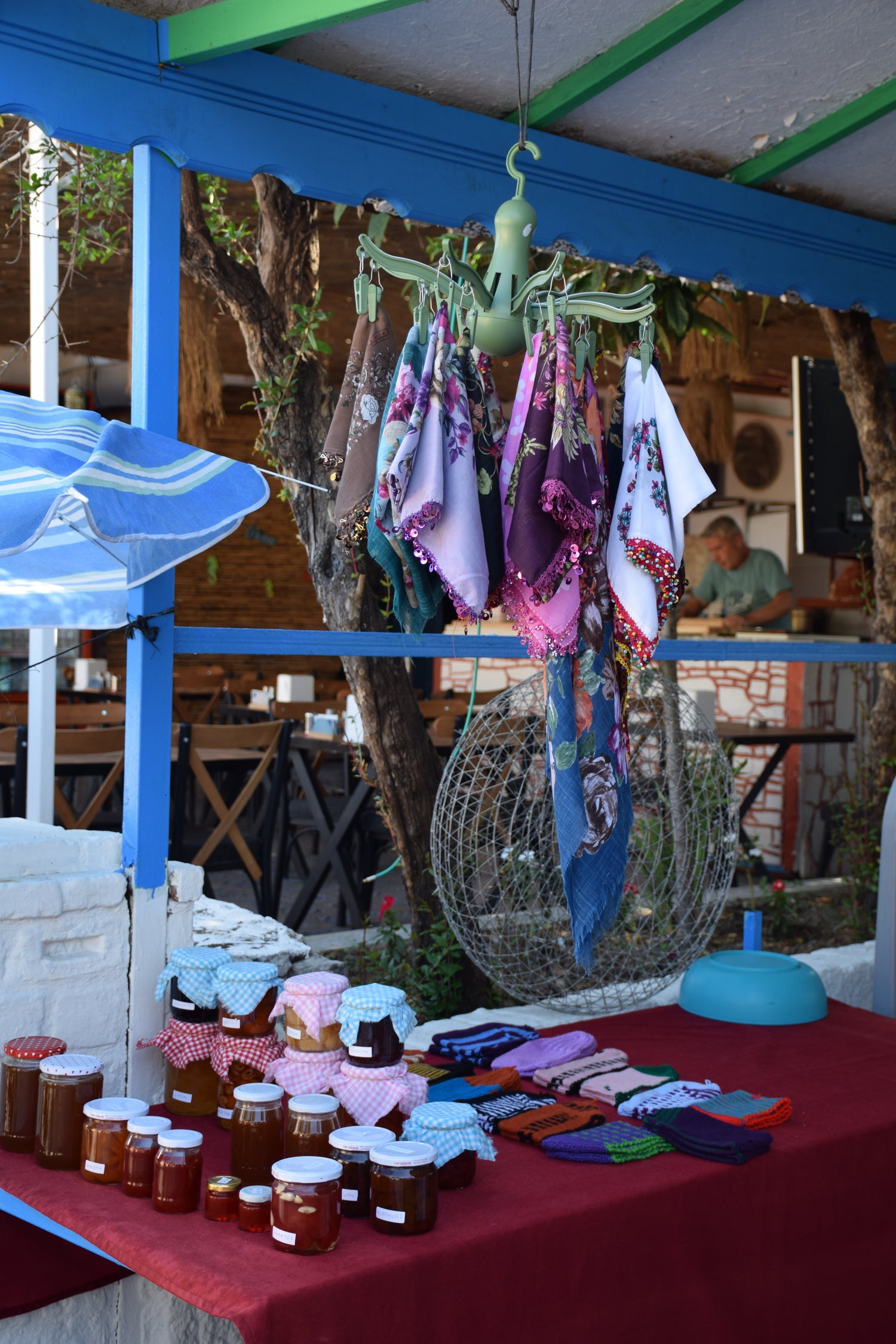 Knitted socks, embroidered handkerchiefs, honeys and jams. 